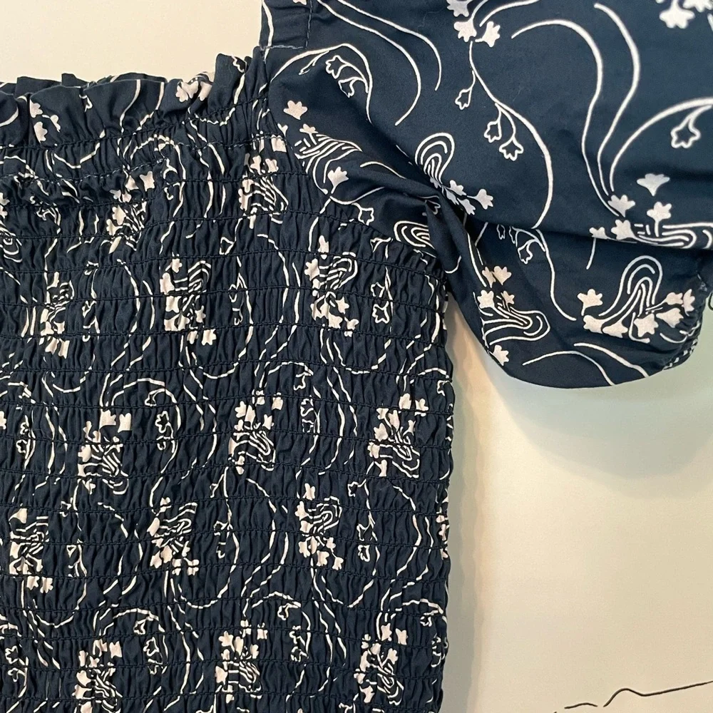 J. Crew Navy Floral Puff-Sleeve Smocked Midi Dress - Picture 2 of 2
